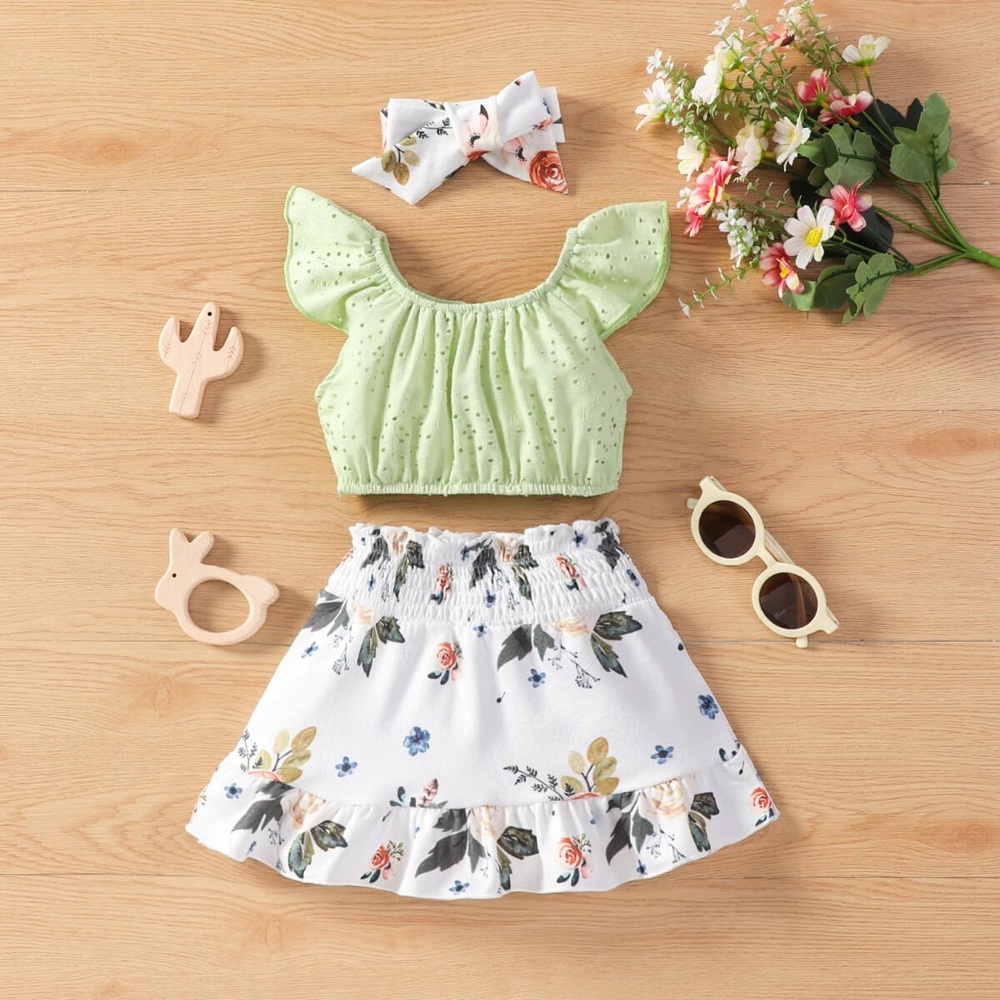 Baby Girl Ruffle Shoulder Top and Floral Smocked Skirt Set